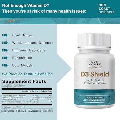 Sun Coast Science Sciences D3 Shield - Vitamin D3 5000 IU for Immune Support and Bone Health 60 Vegetarian Capsules K2 with 180mg Calcium Carbonate Maximum Absorption