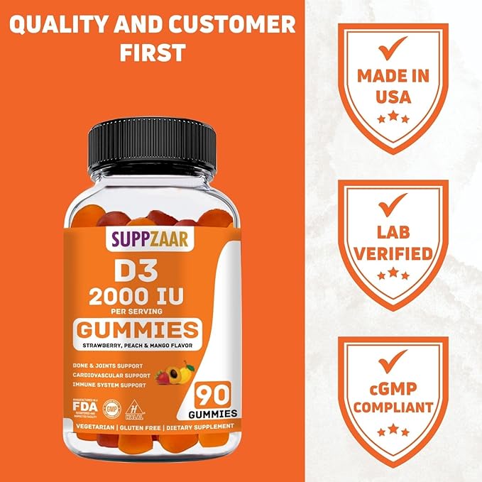 Vitamin D Gummies. Vegetarian Vitamin D3 Gummies Made for Adults & Kids for Immune Support, Bone & Joint Strength, & Heart Health. Non-GMO, Gluten-Free, and Gelatin-Free. 45-90 Servings