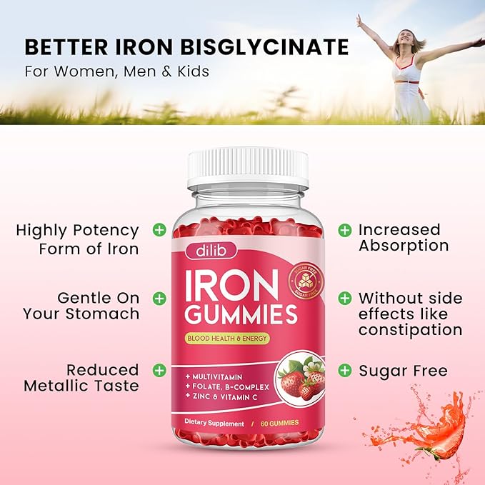 Iron Gummies with Multivitamin, Iron Supplement for Women & Men with Zinc, Vitamin B Complex & C, B12, Folate - Blood Builder & Energy Support for Adults & Kids - Strawberry Flavor, Vegan 60 Gummies