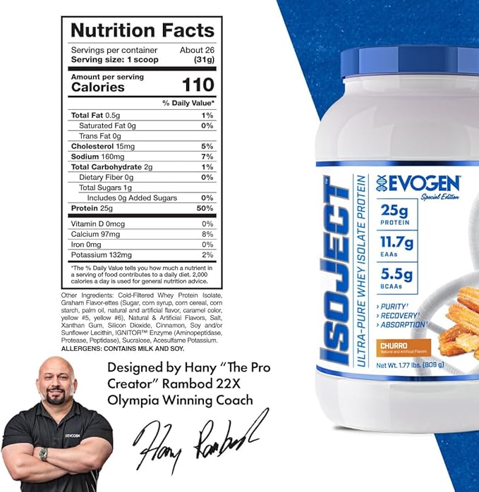 Evogen Isoject - Whey Protein Isolate | Ultra-Pure Whey Protein Powder with Ignitor Enzymes, BCAAs, and EAAs | Enhanced Absorption & Recovery | Churro | 26 Servings