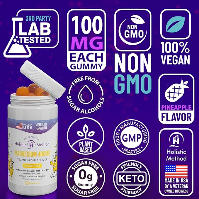 Magnesium Citrate Gummies - Sugar-Free, Vegan and Non-GMO for Better Sleep and Relaxation - No Sugar Alcohol - Magnesium Supplement for Adults, Teens and Kids - Pineapple - 240 Chews