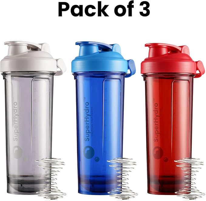 Super Hydro Protein Shaker Bottle [3 PACK] - 28 Oz. BPA-Free, Dishwasher Safe Shakers For Protein Powder Mixes, Pre-workout Cup for Gym, Office, Travel (Ocean, Cranberry, Cloud)