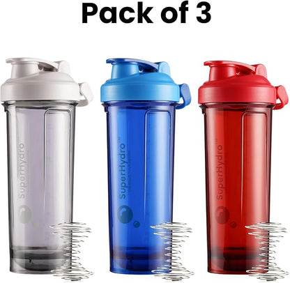 Super Hydro Protein Shaker Bottle [3 PACK] - 28 Oz. BPA-Free, Dishwasher Safe Shakers For Protein Powder Mixes, Pre-workout Cup for Gym, Office, Travel (Ocean, Cranberry, Cloud)
