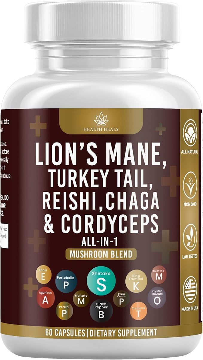 Mushroom Supplement with Turkey Tail 2000mg Reishi 1000mg Cordyceps Chaga 1000mg with Marshmallow Root - 60 Count