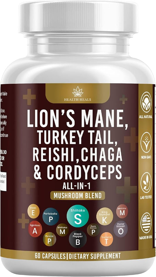 Mushroom Supplement with Turkey Tail 2000mg Reishi 1000mg Cordyceps Chaga 1000mg with Marshmallow Root - 60 Count