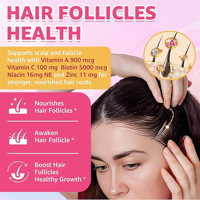Hair Vitamins Gummies + Collagen Peptides, Biotin, Omega-3 6 9 for Women Men/w Vitamin A, C, B, Iron, Zinc - Multivitamin Gummies for Follicles, Hair Growth & Strength, Skin, Nails Health - 60Cts