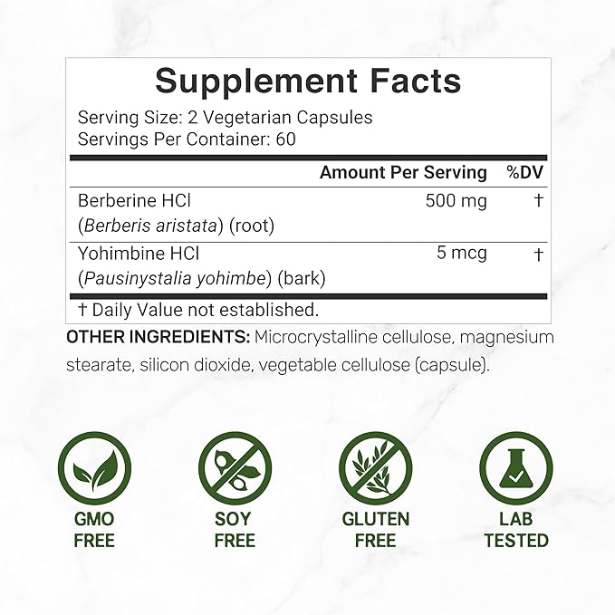 Berberine Supplement with Yohimbine, 500mg Per Serving, 120 Veggie Capsules – Root & Bark Extracts – High Absorption Hydrochloride HCl Forms – Non-GMO, Vegan