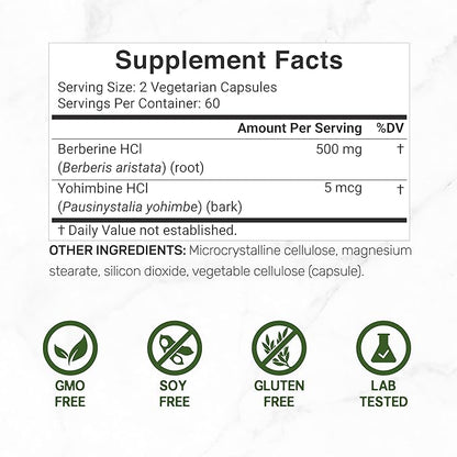 Berberine Supplement with Yohimbine, 500mg Per Serving, 120 Veggie Capsules – Root & Bark Extracts – High Absorption Hydrochloride HCl Forms – Non-GMO, Vegan