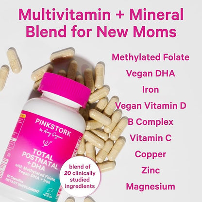 Pink Stork Total Postnatal Vitamins for Women - Mint Essenced Capsules with Vegan DHA, Iron, Folate, and Vitamin B12, Postpartum Recovery Essentials - 1 Month Supply