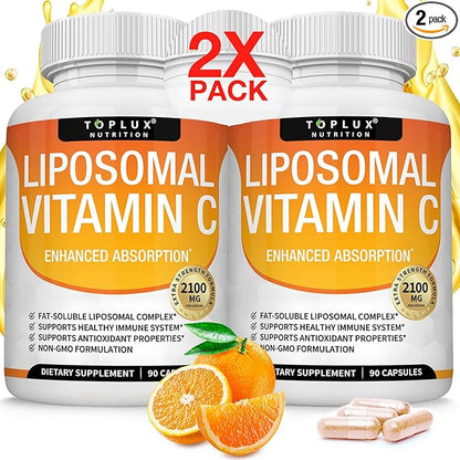 Liposomal Vitamin C 2100mg High Absorption Fat Soluble VIT C - Immune Support Collagen Booster Immunity Defense & Powerful Antioxidant, MCT Oil & Sunflower Lecithin, Acsorbic Acid, Vegan Non-GMO