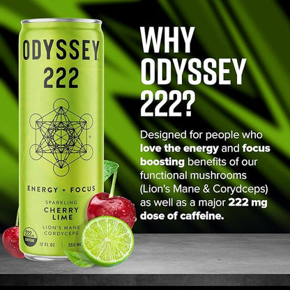 Odyssey 222 Energy Drink, Pre Workout, 222mg Caffeine, Clean Energy Drinks, L Theanine, Lions Mane, Cordyceps & Green Tea for Energy, Focus & Mood Boost, Low Calorie, Cherry Lime, 12 Fl oz, 12 Pack