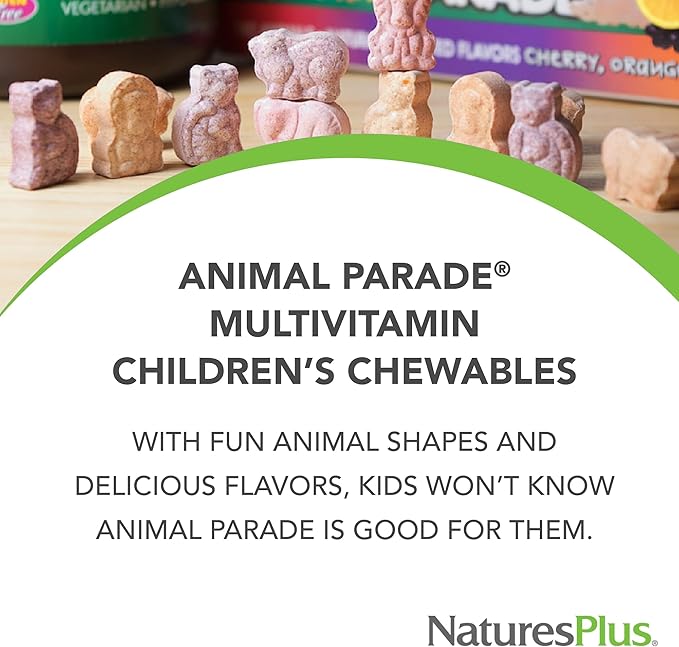 Natures Plus Animal Parade Multivitamin Children's Chewables - Cherry Flavor - 90 Animal-Shaped Tablets - Promotes Health & Well-Being - Vegetarian, Gluten Free - 45 Servings