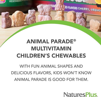 Natures Plus Animal Parade Children's Chewable Multivitamin - Cherry Flavor - 180 Animal-Shaped Tablets - Promotes Health & Well-Being - Vegetarian, Gluten Free - 90 Servings