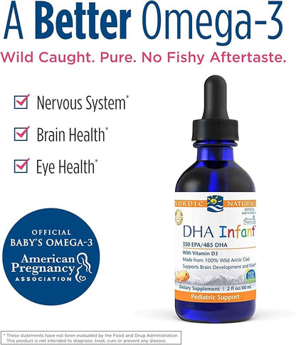 Nordic Naturals DHA Infant, Unflavored - 2 oz - 1050 mg Omega-3 + 300 IU Vitamin D3 - Supports Brain & Vision Development in Babies - Non-GMO - 12 Servings