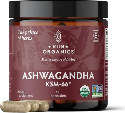 TRIBE ORGANICS Ashwagandha KSM 66 Pure Organic Root Powder Extract Ayurvedic Supplement - Focus Mood Support Increase Energy Strength 600mg of Natural KSM66 for Superior Absorption - 90 Capsules