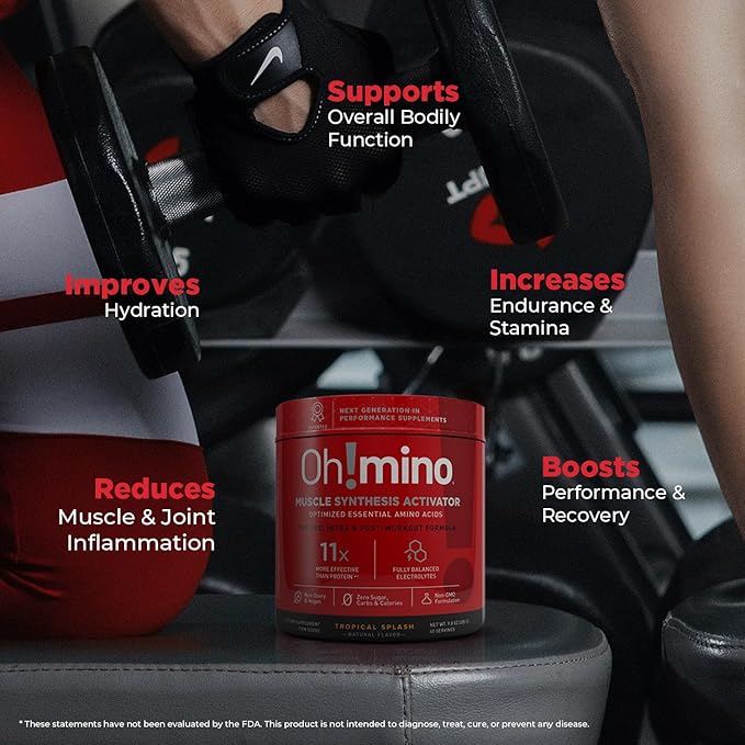 Oh!mino Amino Acid Energy Blend - Pre-Post Workout Powder, BCAA Amino Acids, Workout Recovery Drink, Muscle Synthesis Activator, Caffeinated Tropical Splash, 280 g, 40 Servings