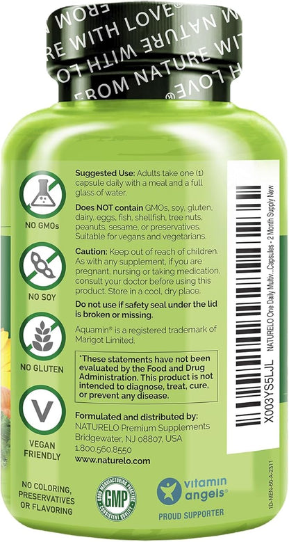 NATURELO One Daily Multivitamin for Men - with Vitamins & Minerals + Organic Whole Foods - Supplement to Boost Energy, General Health - Non-GMO - 60 Capsules - 2 Month Supply