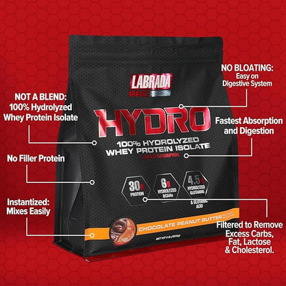 Labrada Hydro 100% Pure Hydrolyzed Whey Protein Isolate Powder, Lactose Free, Glutamine, Fastest Digesting Whey Available, Instant Mixing, Delicious Taste 45 Servings 4lb (Peanut Butter)