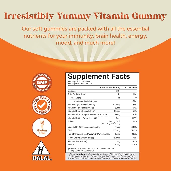 Potent Daily Multivitamin Gummies for Adults - Wellness Blend of Vitamin D A C E B12 Zinc and Biotin - Adult Vitamin Gummy for Energy and Immunity - Non-GMO Gluten Free and Halal Gummies 30 Count