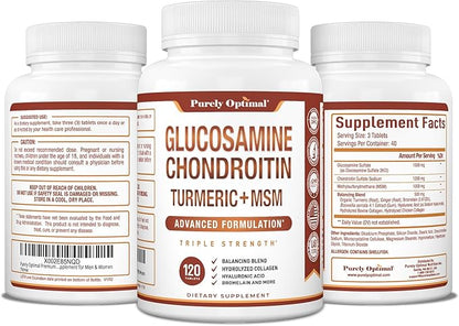 Purely Optimal Glucosamine Chondroitin MSM Supplement w/Turmeric & Boswellia - Glucosamine Sulfate Joint Supplement for Men & Women - 120 Tablets