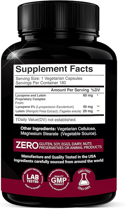 Lycopene + Lutein Supplement 60mg | Lycopene 40mg from Tomato & Lutein 20mg from Marigold Extract - 2-in-1 Ultra-Concentrated Health Supplements | Non-GMO & Gluten Free - 180 Veggie Caps Made in USA