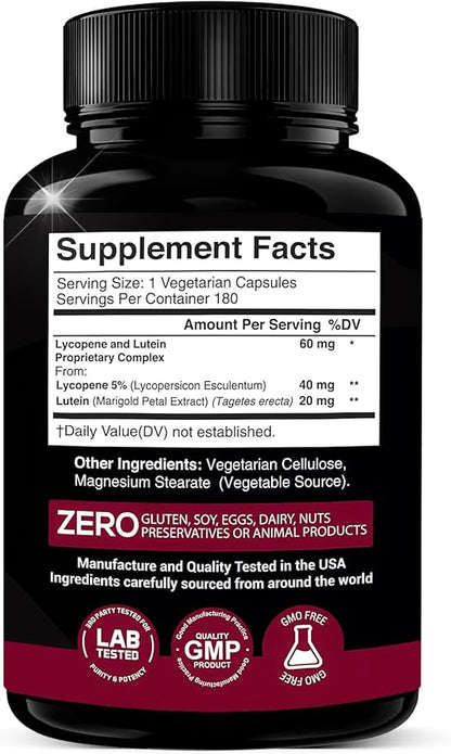 Lycopene + Lutein Supplement 60mg | Lycopene 40mg from Tomato & Lutein 20mg from Marigold Extract - 2-in-1 Ultra-Concentrated Health Supplements | Non-GMO & Gluten Free - 180 Veggie Caps Made in USA