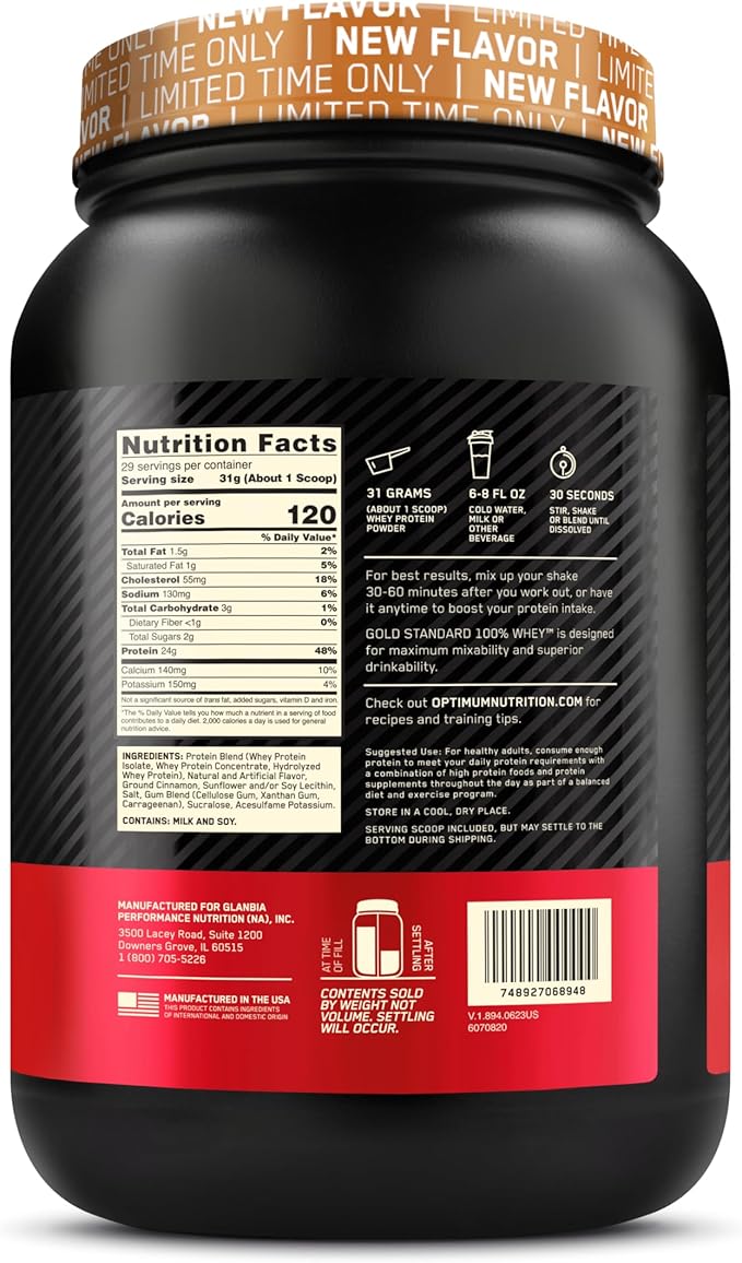 Optimum Nutrition New Flavor Gold Standard 100% Whey Protein Powder, Cinnamon Roll, 2 Pound (Pack of 1) (Packaging May Vary)