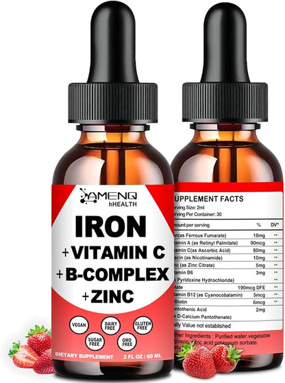 Liquid Iron Supplement w/Vitamin C, A, B-Complex, Vegan Iron Drops High Potency Liquid Vitamin & Iron Supplements for Women, Men & Children -Support Red Blood Cell, Energy, Anemia & Fatigue