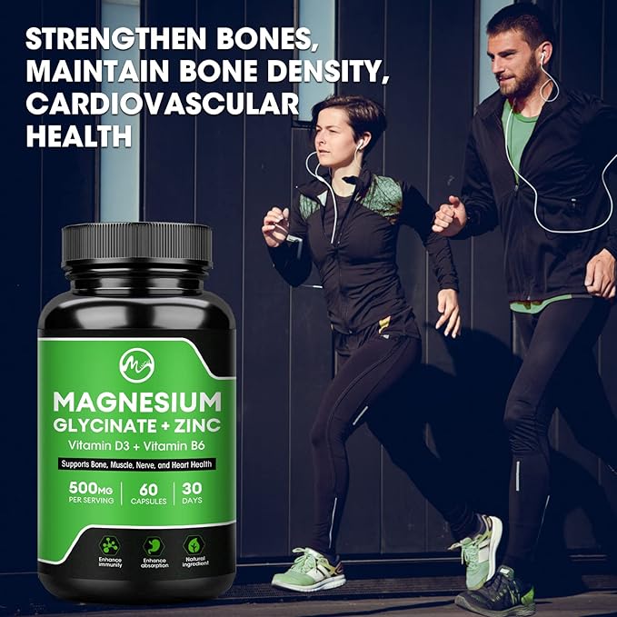 Magnesium Glycinate Capsules, Magnesium Glycinate Supplement with Magnesium Glycinate 500 mg, Zinc, Vitamin D3 & B6 - Promotes Nerve, Bowel, Relaxation Function - 60 Vegan Capsules