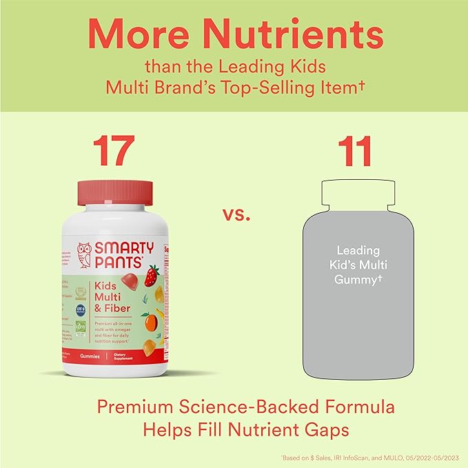 SmartyPants Kids Multivitamin Gummies and Fiber Supplement: Omega 3 Fish Oil (EPA/DHA), Vitamin D3, C, Vitamin B12, B6, Vitamin A, Zinc, Fiber Gummies, Three Fruit Flavors, 90 Count (22 Day Supply)
