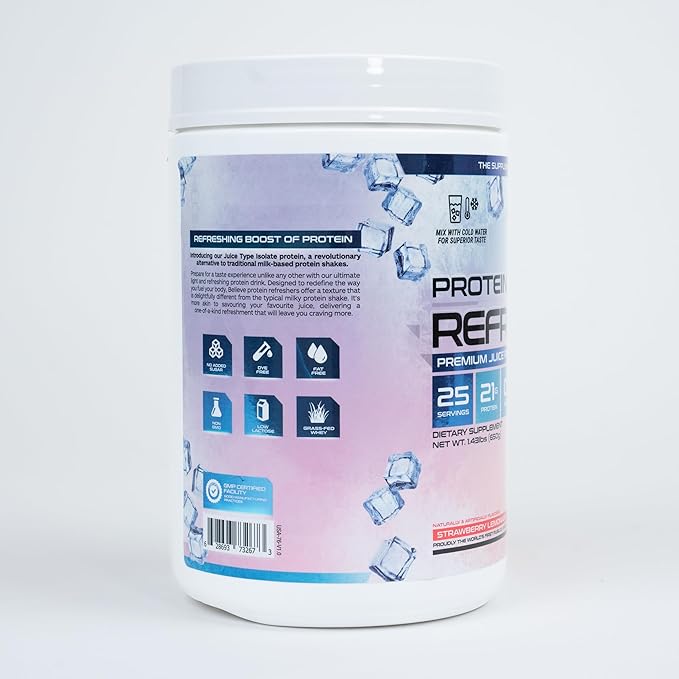 Protein Refresher (25 Servings) - Revolutionary Juice-Type Whey Protein Powder for Fitness, Bodybuilding, Gym, or for Bigger Protein Intake (25 Scoops, Strawberry Lemonade)