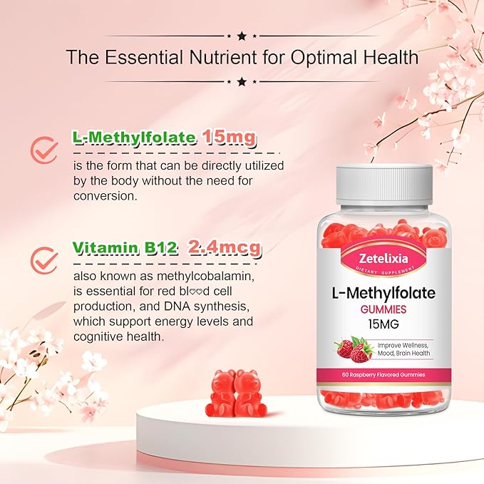 2 Pack L-Methylfolate 15mg Gummies, Methylated Multivitamin with Methylated B12, Active 5-MTHF Form, Supports MTHFR Mutation, Methylation, Mood & Cognition, Vegan, Raspberry Flavor, 120 Cts