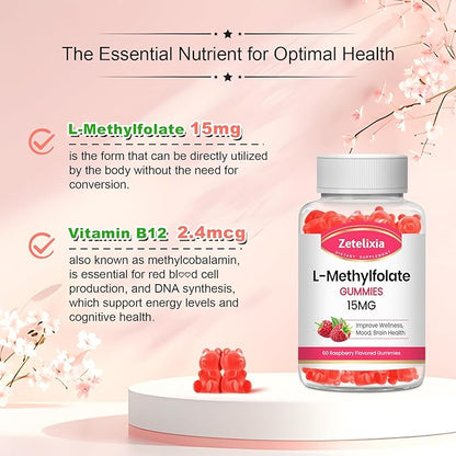 2 Pack L-Methylfolate 15mg Gummies, Methylated Multivitamin with Methylated B12, Active 5-MTHF Form, Supports MTHFR Mutation, Methylation, Mood & Cognition, Vegan, Raspberry Flavor, 120 Cts
