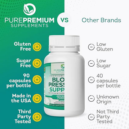 PurePremium Supplements Blood Pressure Supplements with Hawthorn Berry, Hibiscus - Nitric Oxide for Normal Blood Pressure Support w/Vitamin B12 - Garlic Supplements for Normal Nitric Oxide - 90 Caps