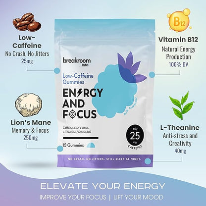 Energy and Focus Gummies - L-Theanine Caffeine, Lions Mane, Vitamin B12 - Low Sugar, Vegan Energy Chews + Brain Supplements for Memory and Focus - Blue Raspberry Flavor, 15 Servings