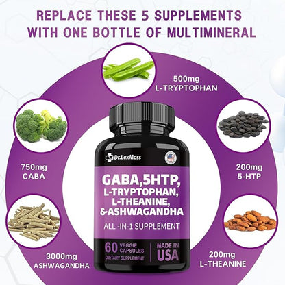 GABA 750mg 5 HTP 200mg L Tryptophan 500mg L Theanine 200mg Ashwagandha 3000mg SAM-e L-Glycine Mood Support Vitamins for Women and Men with L-Tyrosine Made in USA 60 Count