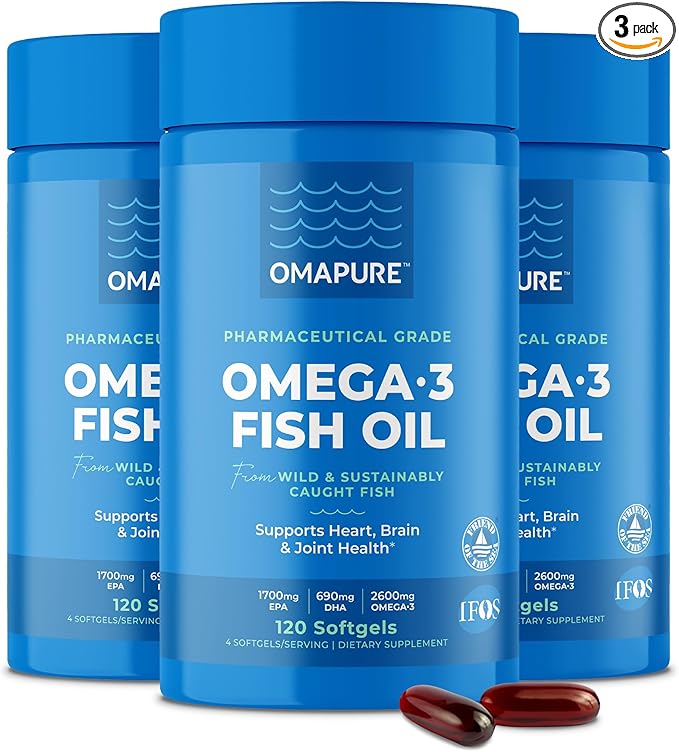 Fish Oil Supplements with Omega 3 Fatty Acids (3 Bottles, 120 Softgels) - High EPA, DHA, & IFOS Fish Oil Pills Support Heart & Joint Health - Burpless Fish Oil Promotes Brain Function