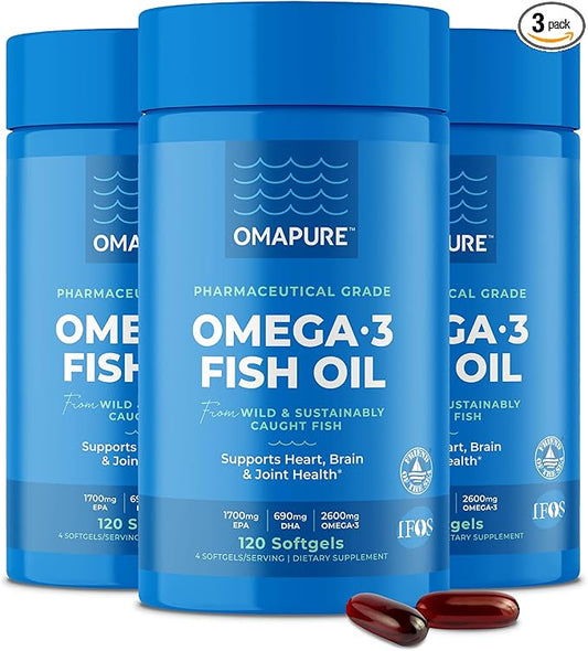 Fish Oil Supplements with Omega 3 Fatty Acids (3 Bottles, 120 Softgels) - High EPA, DHA, & IFOS Fish Oil Pills Support Heart & Joint Health - Burpless Fish Oil Promotes Brain Function