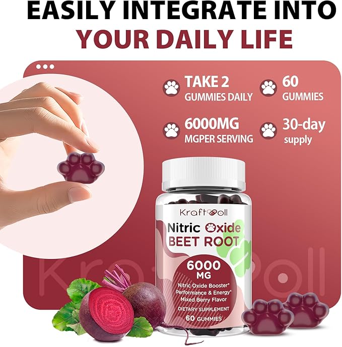 Nitric Oxide Beet Root Gummies 6000MG Supplements, Grapeseed Powder, Pomegranate Powder, Vitamin C and B12 - Beet Chewables Mixed Berry Flavor - 60 Gummies (2 Bottle)