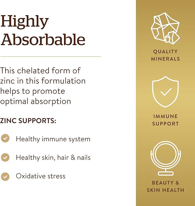 Solgar Chelated Zinc, 250 Tablets - Zinc for Healthy Skin - Supports Cell Growth & DNA Formation - Exerts Antioxidant Activity - Supports A Healthy Immune System - Non GMO, Vegan - 250 Servings