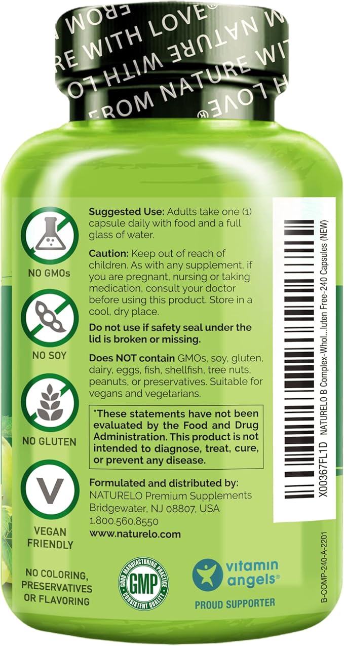 NATURELO B Complex - Whole Food Complex with Vitamin B6, Folate, B12, Biotin - Supplement for Energy and Stress - High Potency - Vegan - Vegetarian - Non GMO - Gluten Free - 240 Capsules