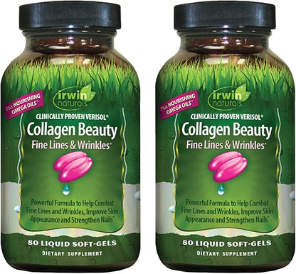 Irwin Naturals Collagen Beauty - 80 Liquid Softgels, Pack of 2 - Helps Combat Fine Lines & Wrinkles, Improves Skin Appearance & Strengthens Nails - 26 Total Servings