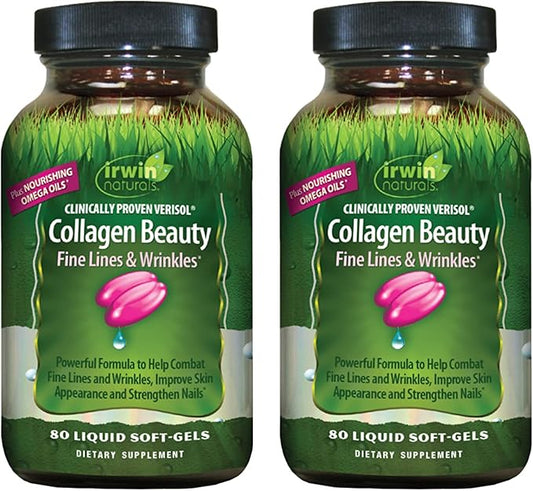 Irwin Naturals Collagen Beauty - 80 Liquid Softgels, Pack of 2 - Helps Combat Fine Lines & Wrinkles, Improves Skin Appearance & Strengthens Nails - 26 Total Servings