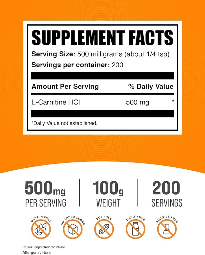 BulkSupplements.com L-Carnitine HCl Powder - Carnitine Supplement, Carnitine Powder, L-Carnitine 500mg - Unflavored & Gluten Free, 500mg per Serving, 100g (3.5 oz) (Pack of 1)