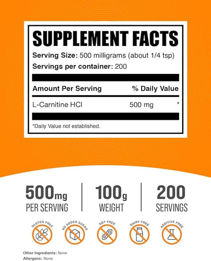 BulkSupplements.com L-Carnitine HCl Powder - Carnitine Supplement, Carnitine Powder, L-Carnitine 500mg - Unflavored & Gluten Free, 500mg per Serving, 100g (3.5 oz) (Pack of 1)