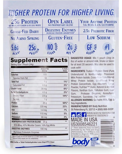 Body Nutrition Trutein High Protein Powder: 45% Whey, 45% Casein, 10% Egg White, Gluten-Free, Low Sodium, Grass Fed Whey Protein Powder, Gym Supplement & Breakfast Shake, Chocolate Mint, 34g Sample