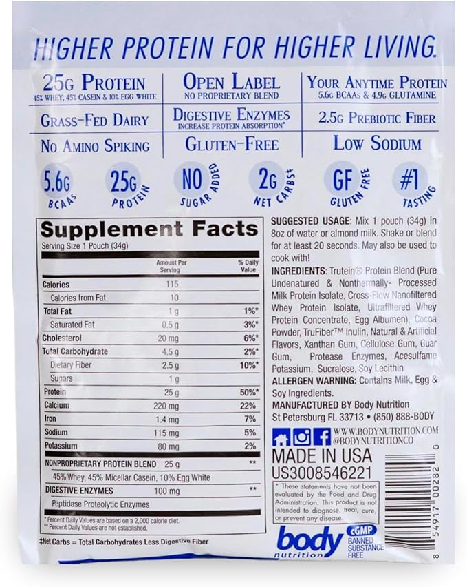 Body Nutrition Trutein High Protein Powder: 45% Whey, 45% Casein, 10% Egg White, Gluten-Free, Low Sodium, Grass Fed Whey Protein Powder, Gym Supplement & Breakfast Shake, Chocolate Mint, 34g Sample
