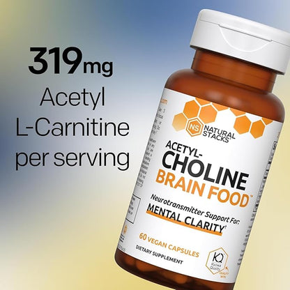 NATURAL STACKS Acetylcholine Brain Food with Alpha GPC Choline - Supports Mental Clarity - GPC Supplement & Focus Supplement for Faster Thinking & Clear Brain - 120 Acetylcholine Capsules