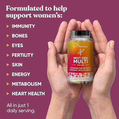 Next Gen Multivitamin for Women – 22 Optimized Vitamins for Immunity, Beauty, Brain, Energy, Bones and Heart – Vitamin C, D, E, K, Iron, B6 and DHA - 60 Vegetarian Soft Capsules (Packaging May Vary)