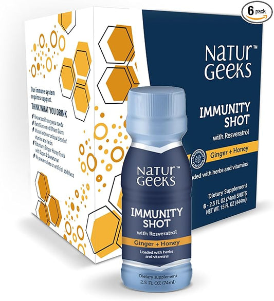 Immunity Support Shots with Organic Ginger + Honey | Vitamins C, D, B6, B12 and Zinc | Liquid Immune Defense Infused with Natural Resveratrol and Spermidine | 6 Pack (2.5 Fl oz)